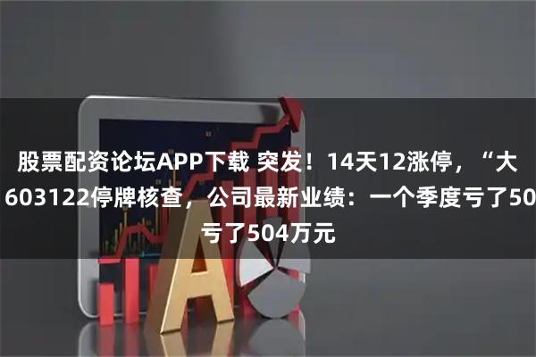 股票配资论坛APP下载 突发!14天12涨停,“大牛股”603122停牌核查,公司最新业绩:一个季度亏了504万元